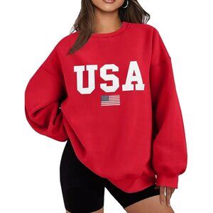 Womens Oversized Fleece Sweatshirt USA Flag Long Sleeve Casual Comfort